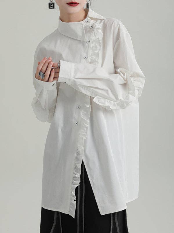 ShieldChic - Wholesale Button Down Shirt - Women's - Loose Solid Color Ruffled Irregularity Buttoned Blouses1