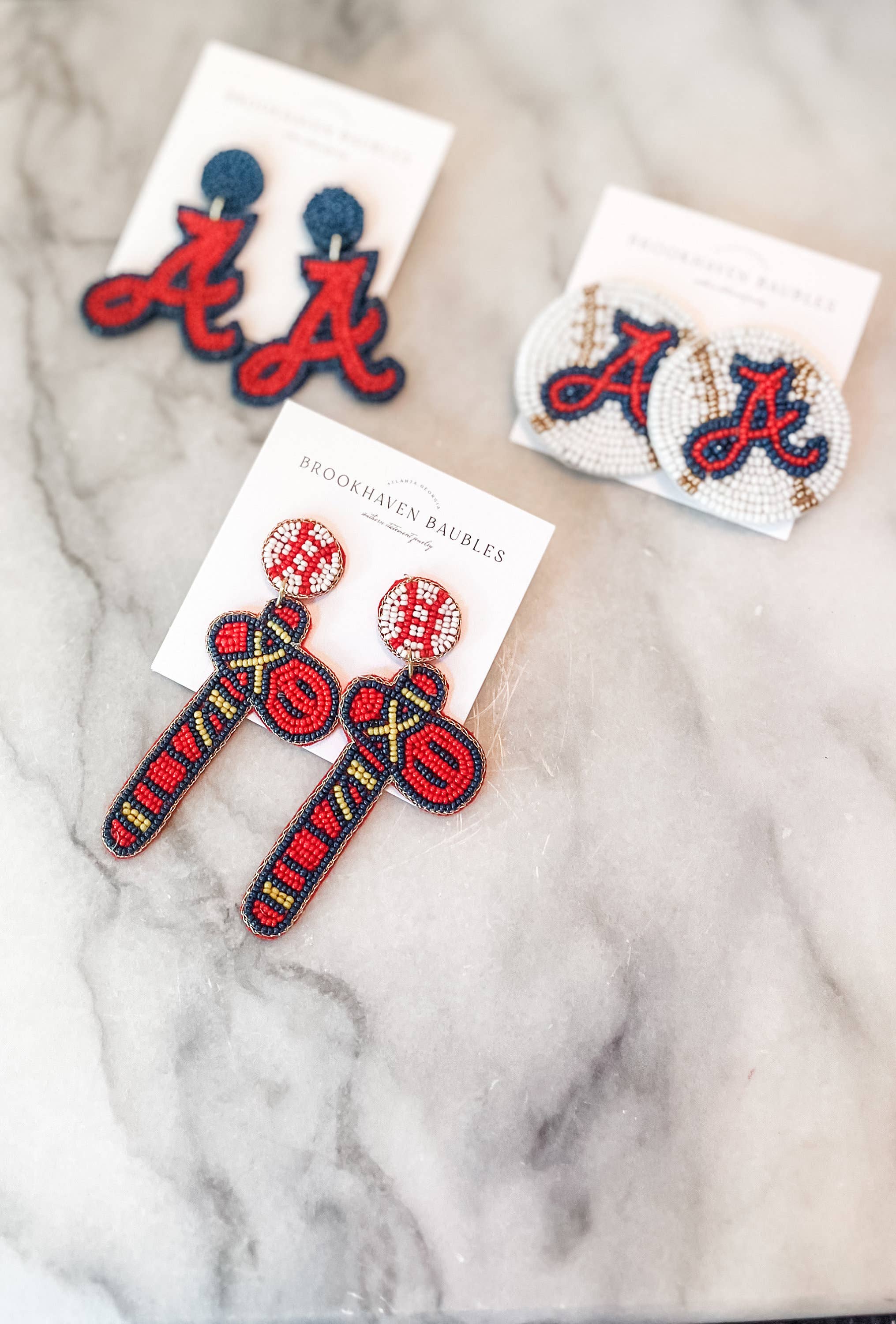 Brookhaven Baubles - Wholesale Dangle Earrings - Atlanta Braves Beaded Tomahawk Statement Earrings MLB4