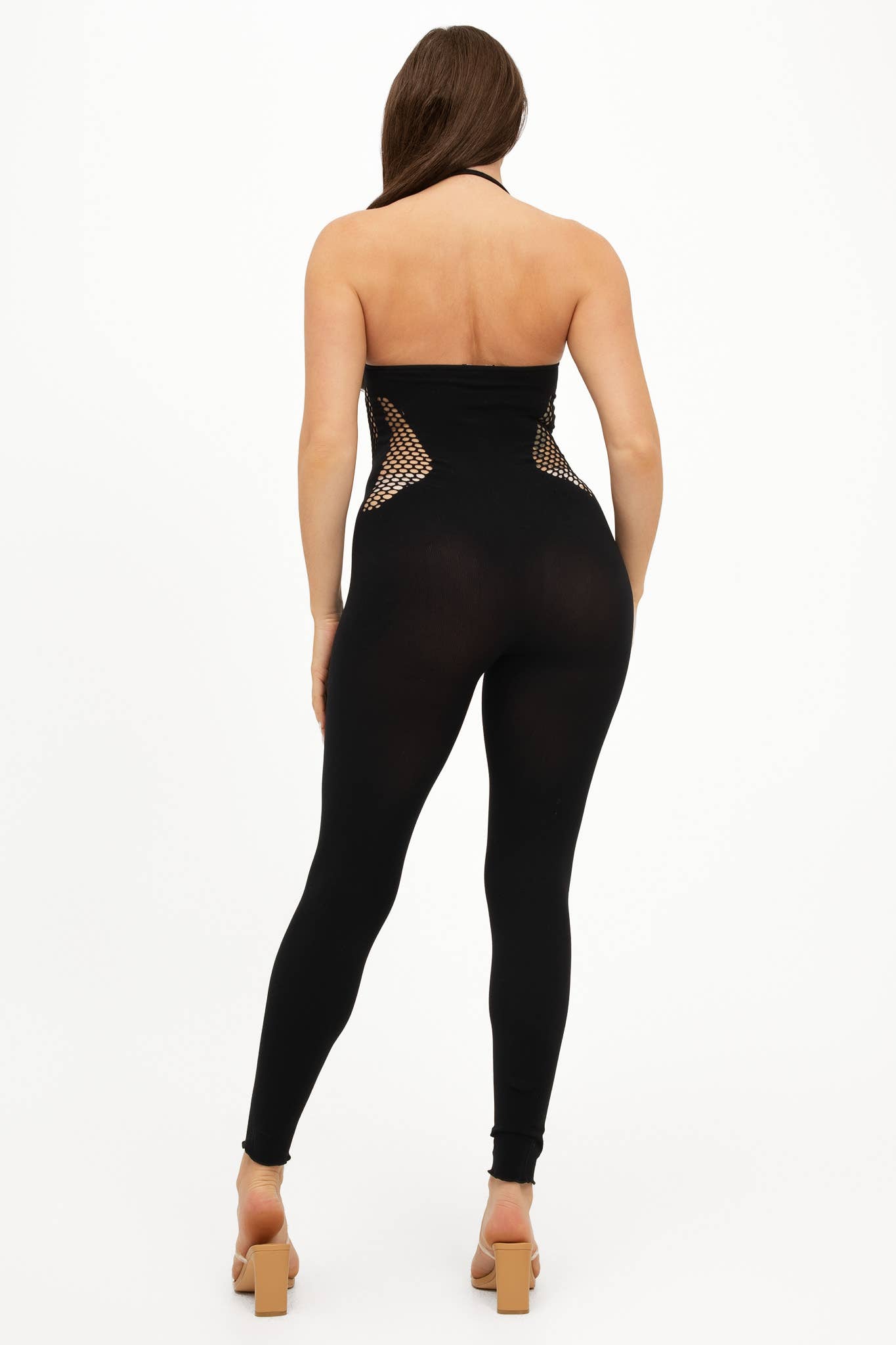 Black Seamless Front Fishnet Open Back Halter Jumpsuit for wholesale on Faire3