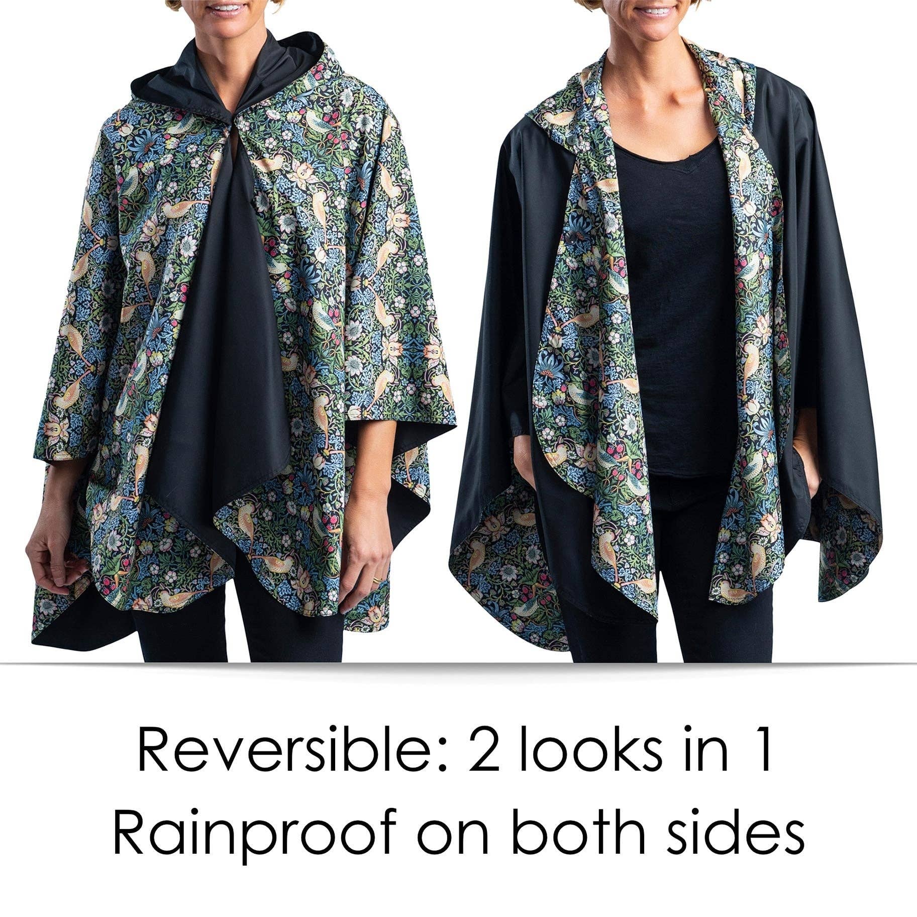 RainCaper - Wholesale Poncho - Women's - William Morris Strawberry Thief & Black Reversible Rain Cape Poncho – Hooded Womens Wrap2