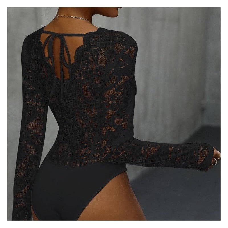 FurDecoration - Vente Combinaison – femme - Combinaison à manches longues et dos ouvert en dentelle à col en V3