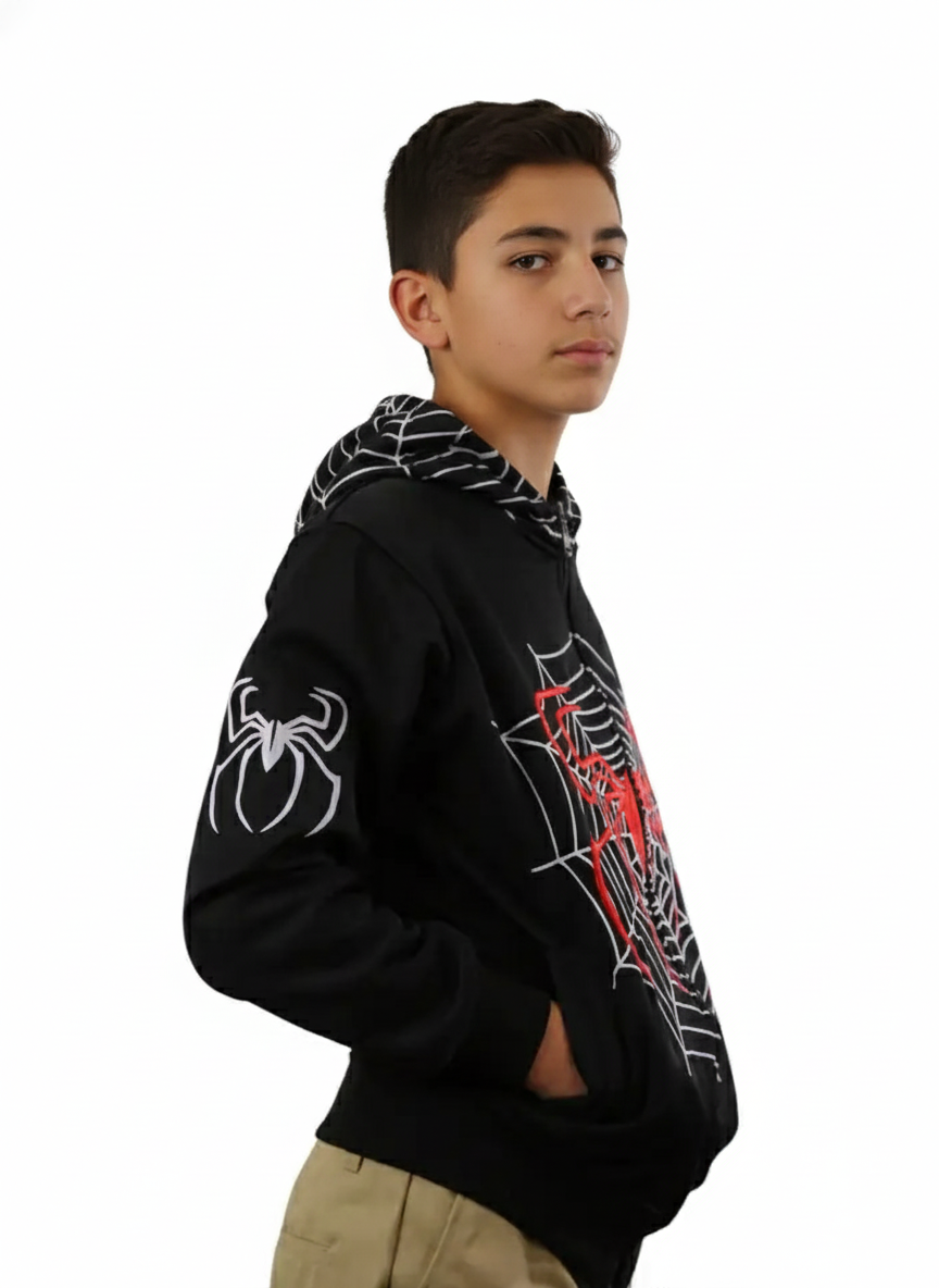 Lime Tree Clothing Inc. – Großhandel Hoodie – Kinder – Spider Hero Hoodie mit Reißverschluss für Kinder — lustiges Design mit Maskenkapuze1