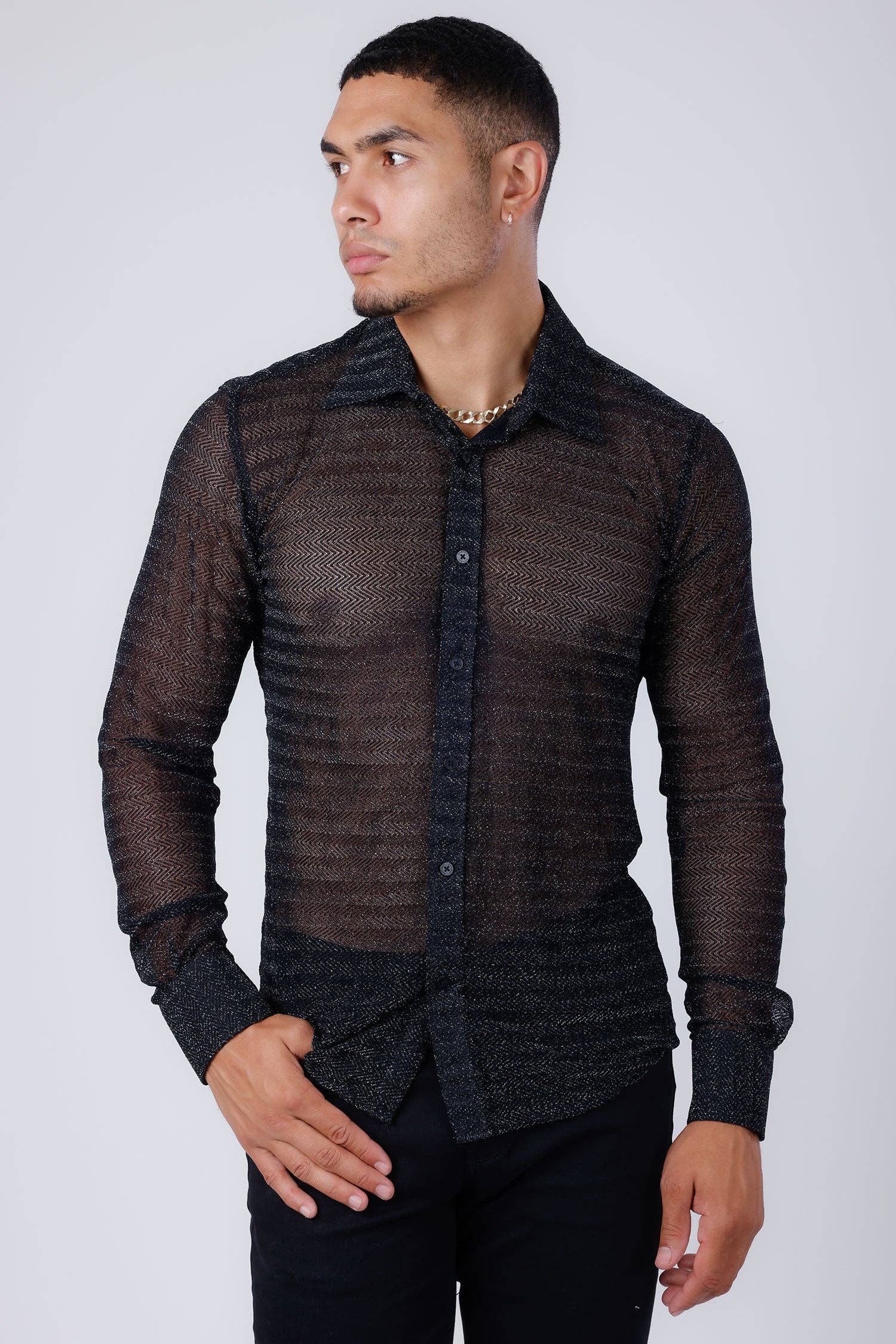 Black  Men's Stretch  Long Sleeve Shirt 4B94 for wholesale on Faire0