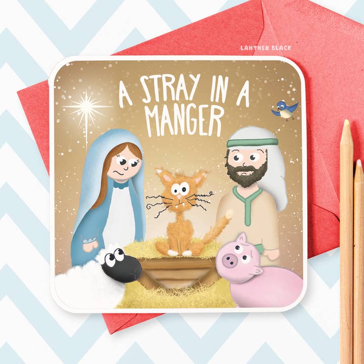 Stray in a Manger, divertente biglietto di auguri natalizio con giochi di parole per la vendita all'ingrosso da parte di Lanther Black