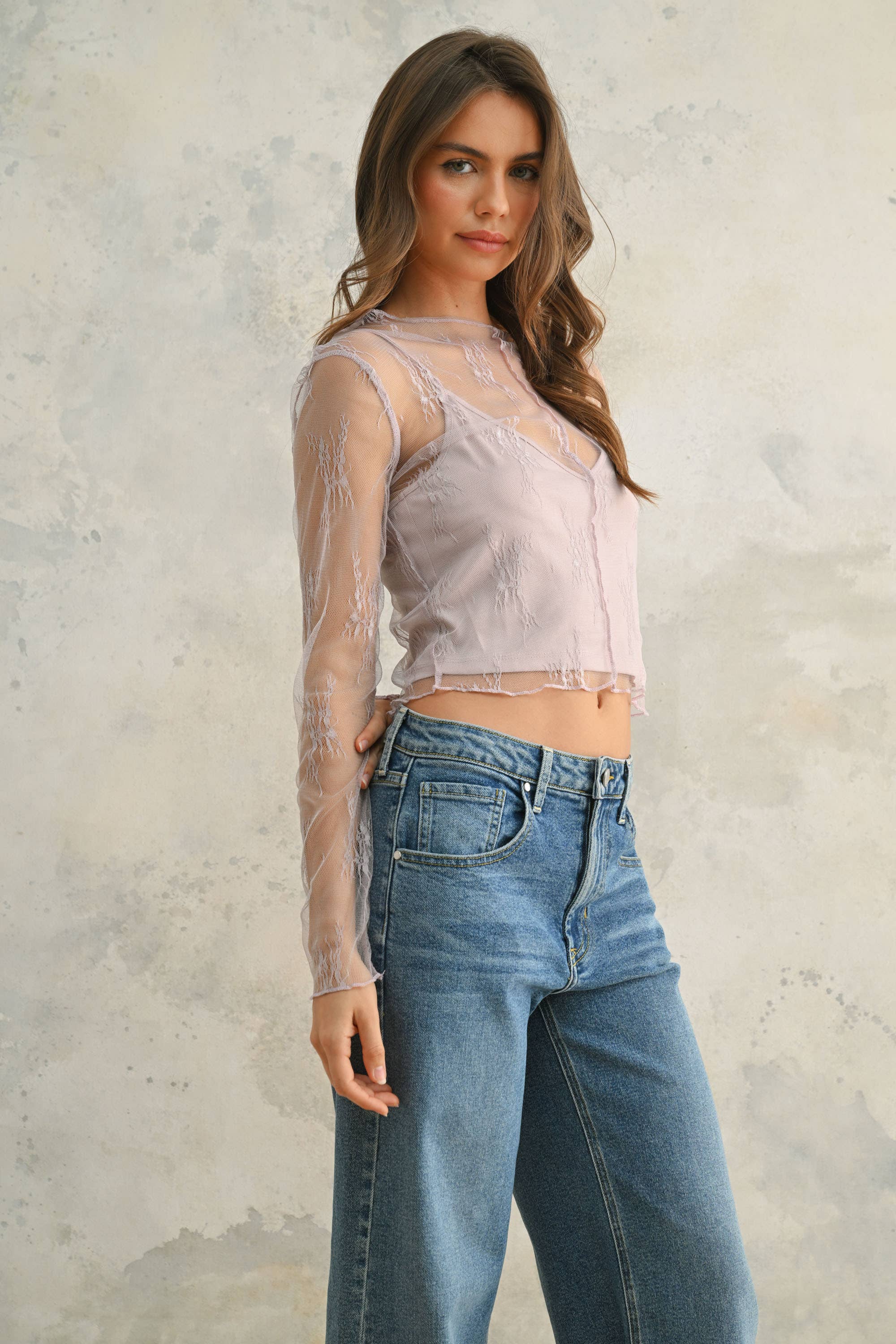 MIOU MUSE - Vente Haut en maille – femme - Haut en dentelle à manches longues avec doublure intégrée1