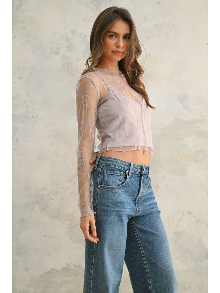 MIOU MUSE - Wholesale Knit Top - Women's - T2945 LONG SLEEVE LACE FABRIC WITH LINING INSERT TOP1