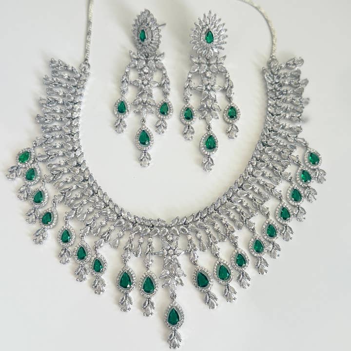 Green Emerald Bridal Necklace Set with Earrings | Vinni’s Jewelry for wholesale on Faire4