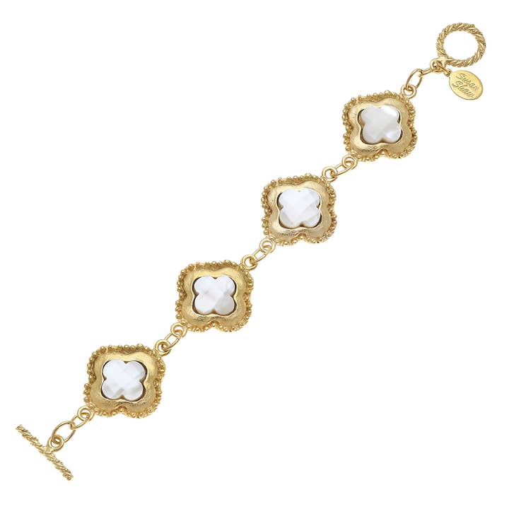 Genuine Mother of Pearl Set in Gold Clover Bracelet for wholesale by Susan Shaw