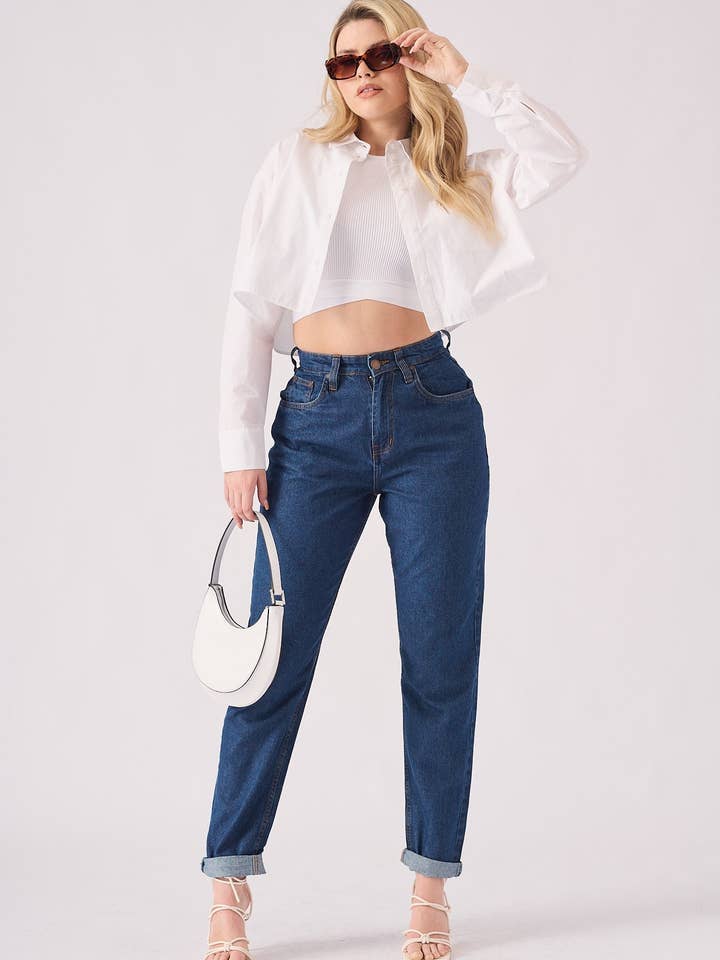 Babine High Waisted Turn Up Straight Leg Jeans - Mid Blue for wholesale by JMOJO UK Limited
