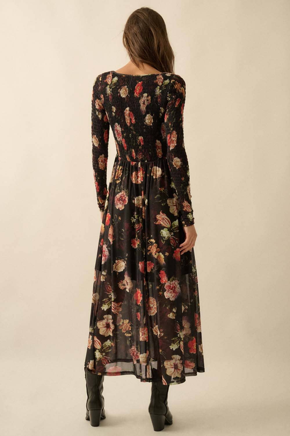 BLACK Floral-Print Mesh Smocked Long-Sleeve Maxi Dress for wholesale on Faire11