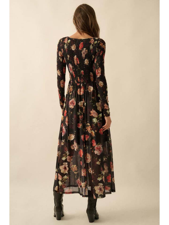 BLACK Floral-Print Mesh Smocked Long-Sleeve Maxi Dress for wholesale on Faire11
