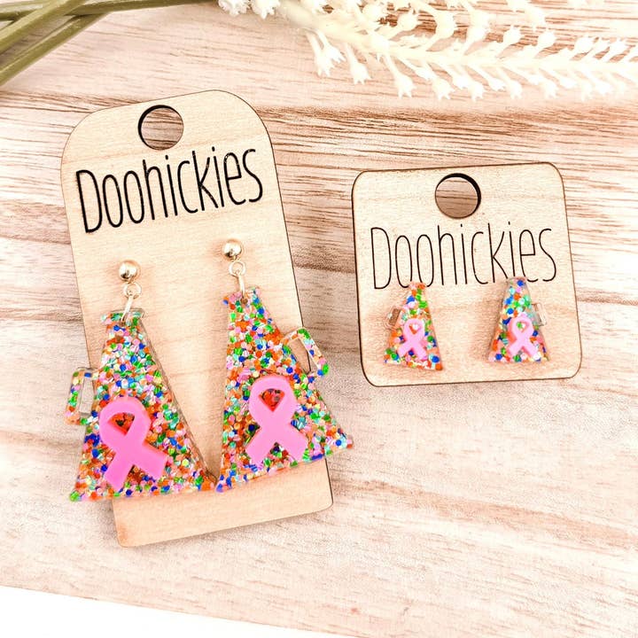 Pink Out Daisy Glitter Ribbon Megaphone Earring Collection - Breast Cancer Awareness Earrings for wholesale by Doohickies