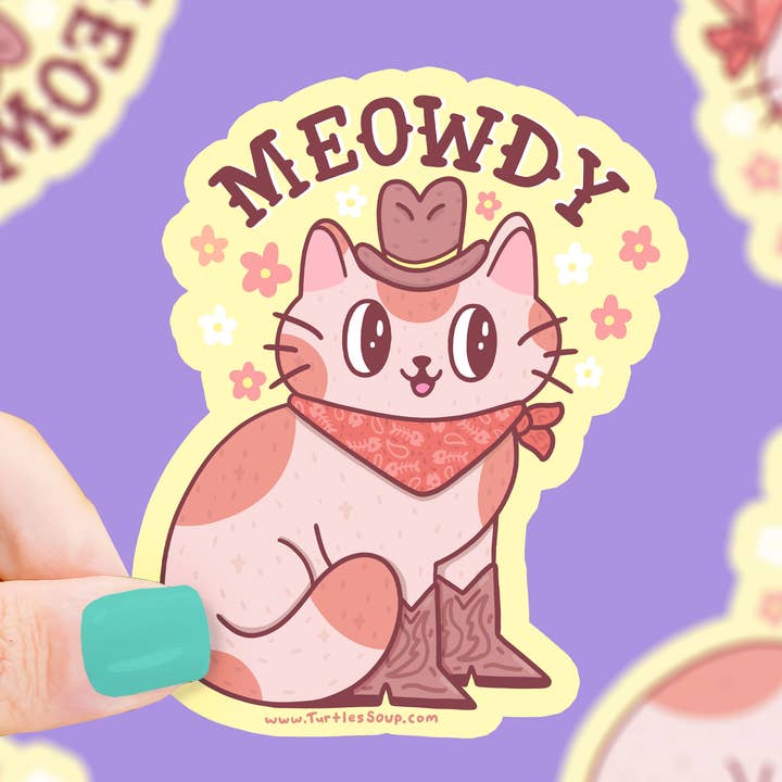 Meowdy Western Cowboy Cat Vinyl Sticker for wholesale by Turtle's Soup