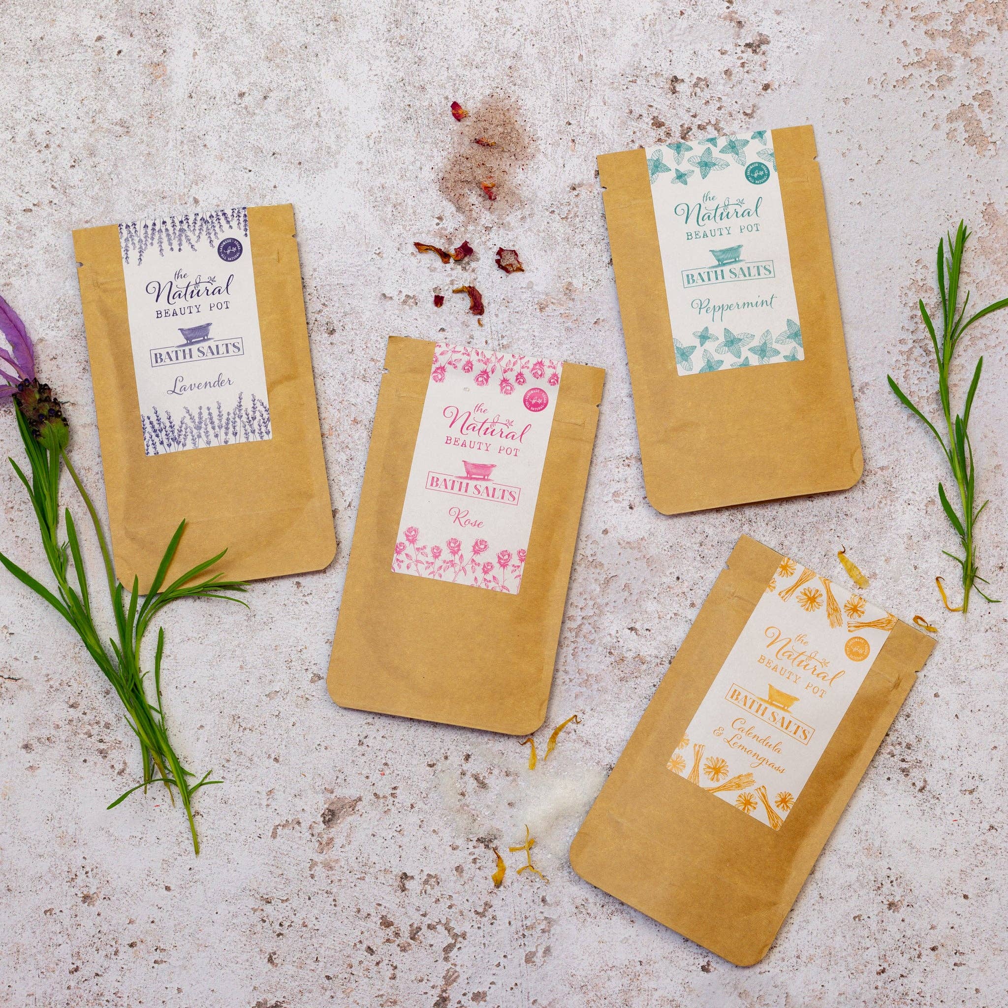 The Natural Beauty Pot – wholesale Bath salts – Calendula & Lemongrass Bath Salts 40g Sachet2