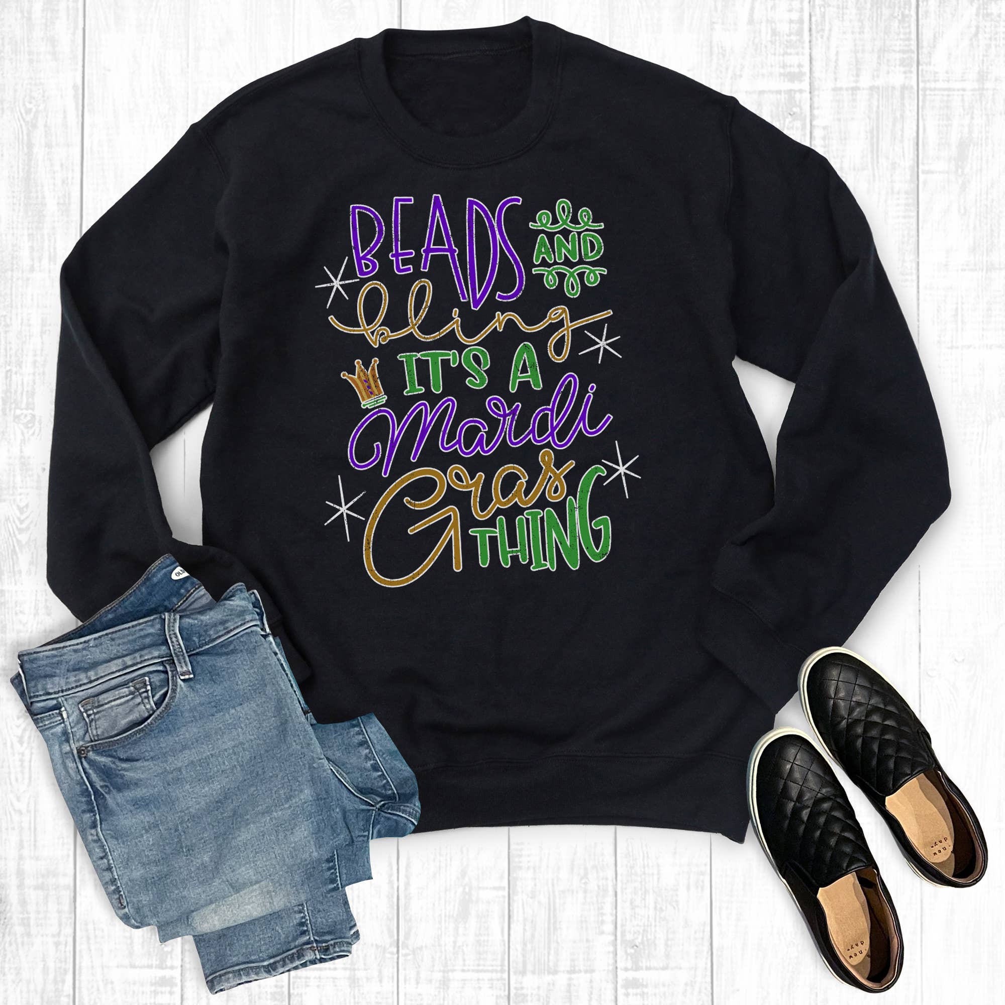 Black Beads And Bling It's A Mardi Gras Thing Sweatshirt for wholesale on Faire