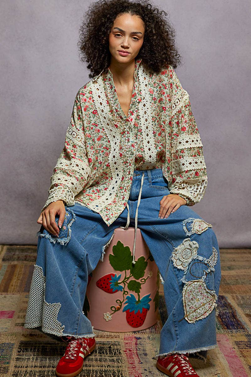 Pol Clothing - Wholesale Button Down Shirt - Women's - Balloon Sleeve Trim See-through Floral Printed Shirt Top18