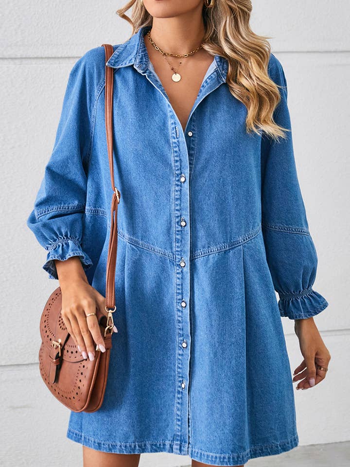 Lily Clothing - Wholesale Dress - Women's - Loose wash long sleeve denim single breasted short dress