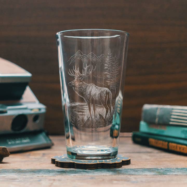 Elk Scene Etched Glasses for wholesale by Benoit's Design Co.