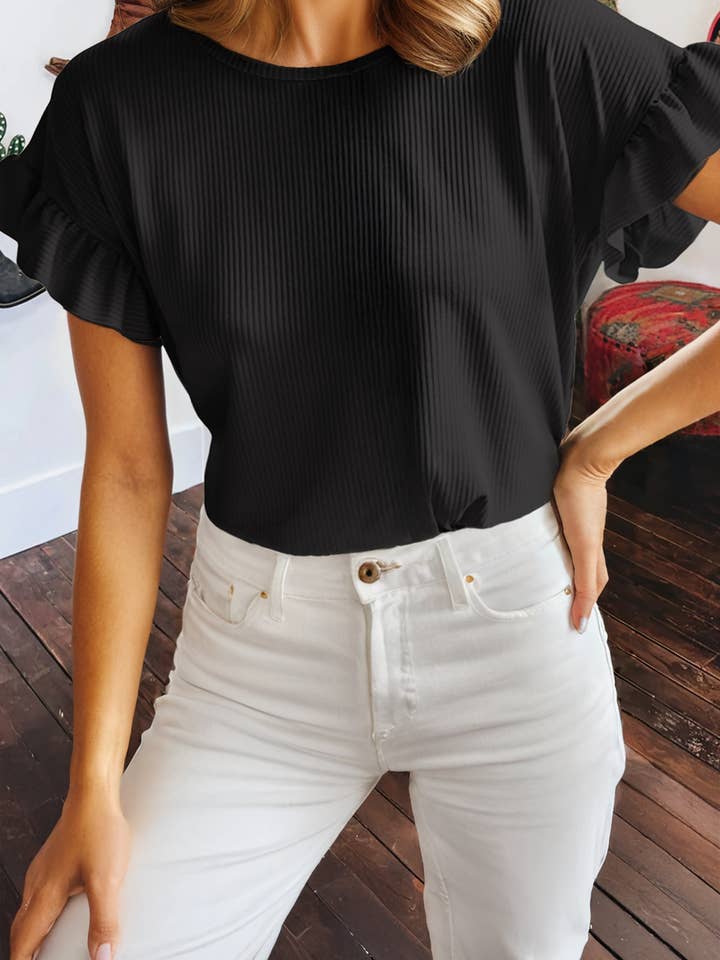 Solid Color Ribbed Ruffled Short Sleeve T Shirt for wholesale by fashionworks