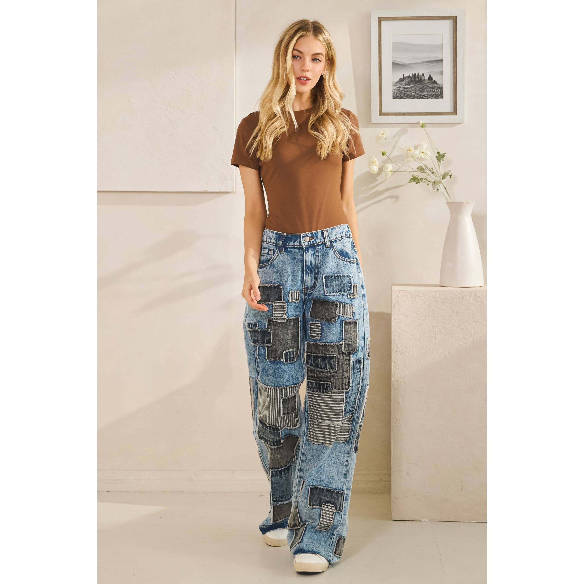 DENIM MULTI SQUARE PATCHES STRAIGHT JEANS for wholesale on Faire4