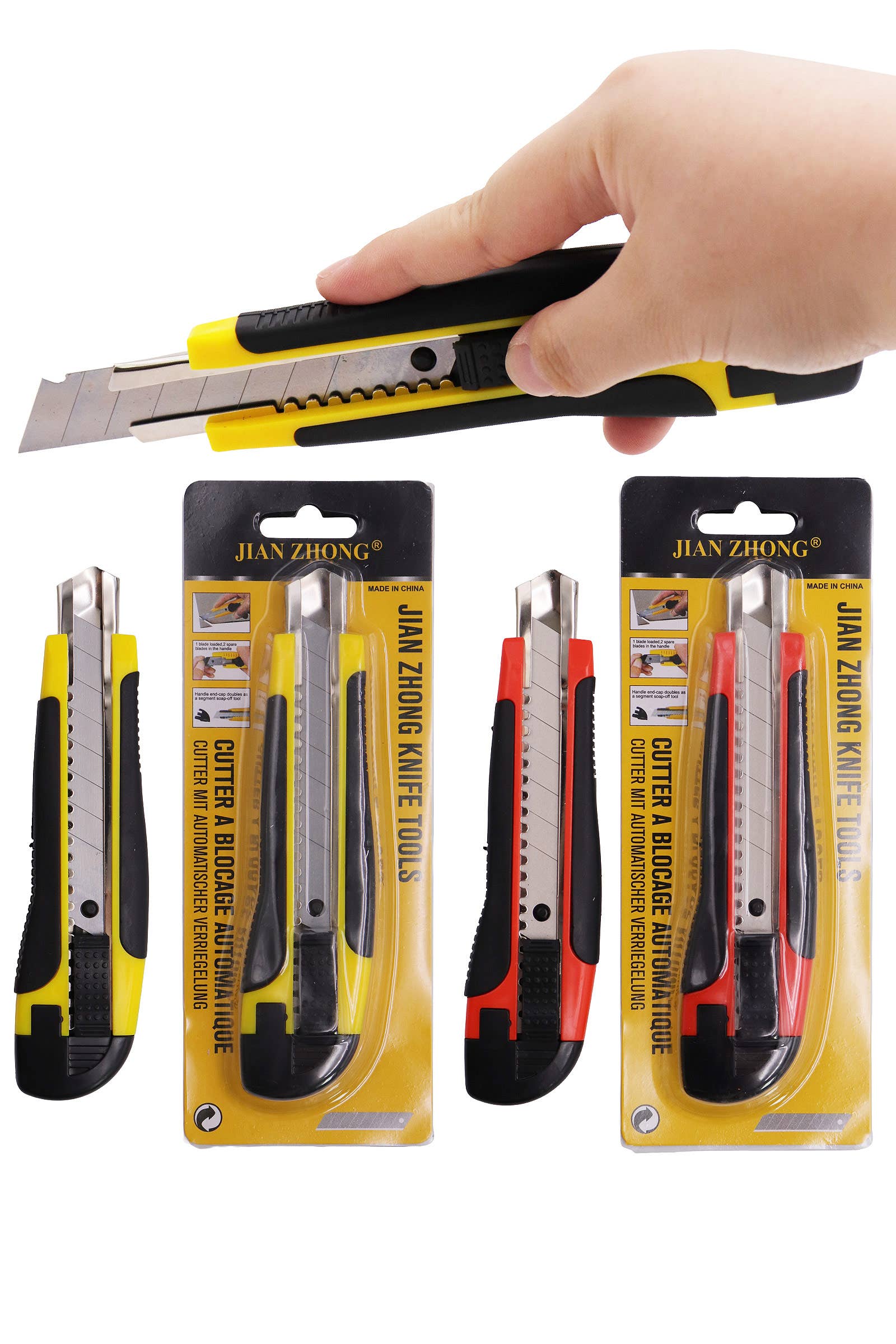 SORTIERT Robustes Cuttermesser mit gummiertem Griff und abbrechbarer Klinge für den Großhandel auf Faire0