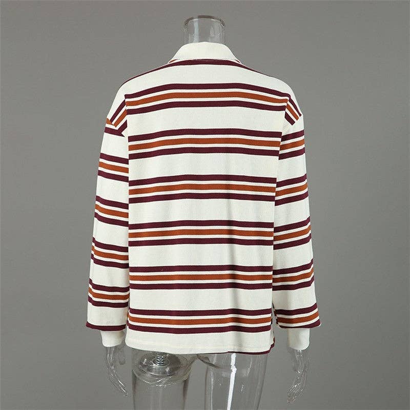 Color Block Striped Polo Collar Long Sleeve T-Shirt for wholesale on Faire7