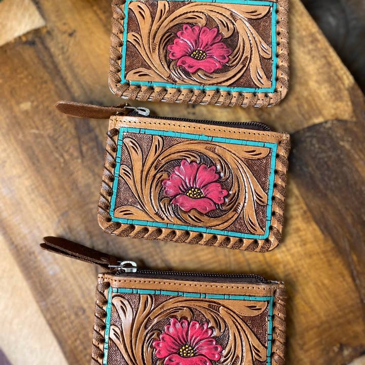 Western Linens - Wholesale Coin Purse - Women's - Pink Flower Tooled & Cowhide Coin Pouch Â