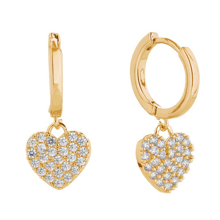 Wona Trading, Inc. - Wholesale Huggie Earrings - 14K Gold CZ Stone Radiant Heart Swing Dangle Huggie Earrings