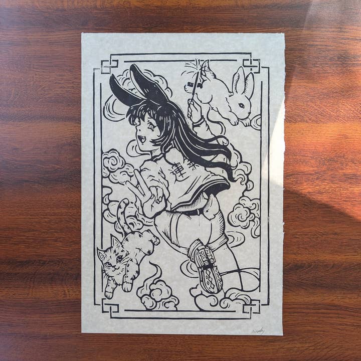 Kittygorian - Wholesale Art Print - Year of the Rabbit 2023 Wood Block print || Kittygorian x BenjoBlocks2
