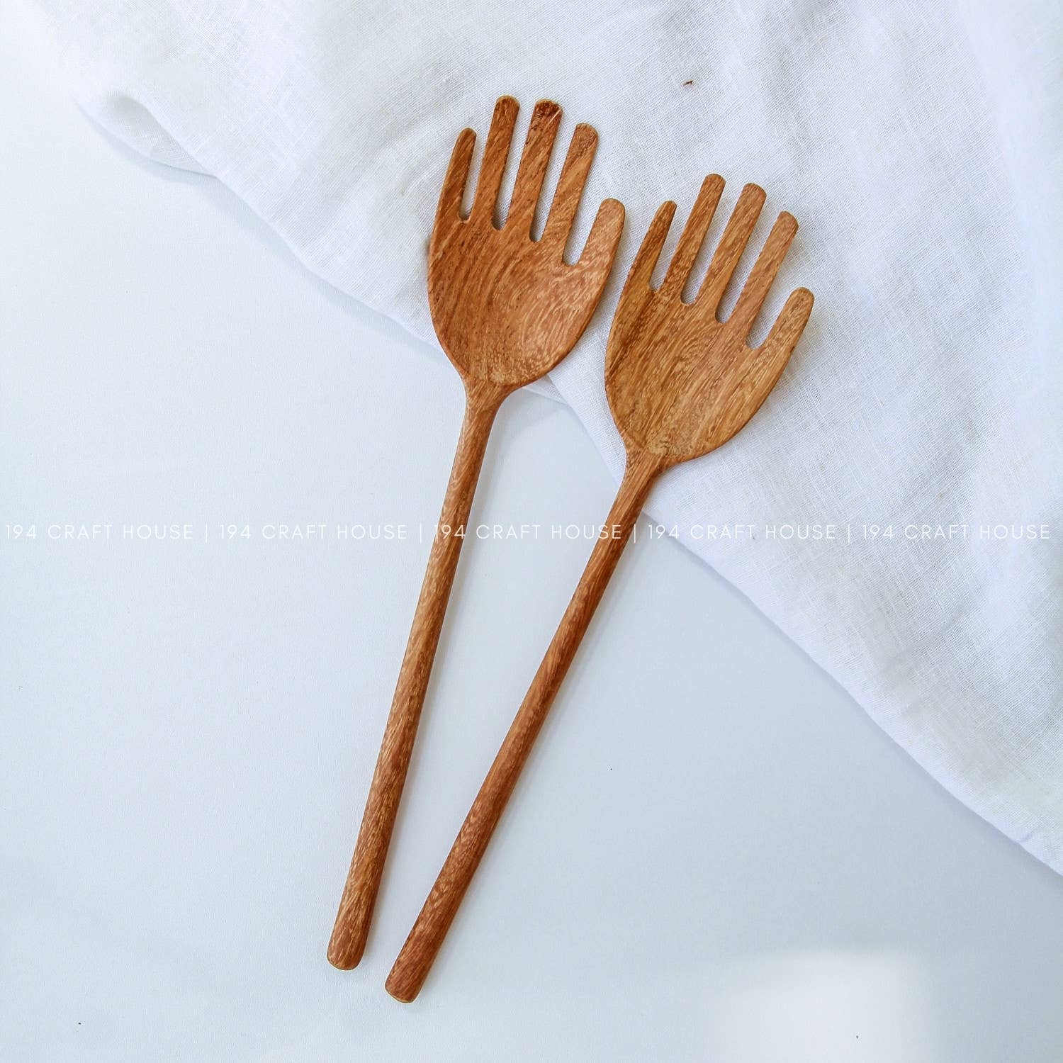 194 Craft House - Venta al por mayor Cuchara de cocina - Cubiertos de madera para ensalada en forma de mano - set de cuchara y tenedor de 30 cm6
