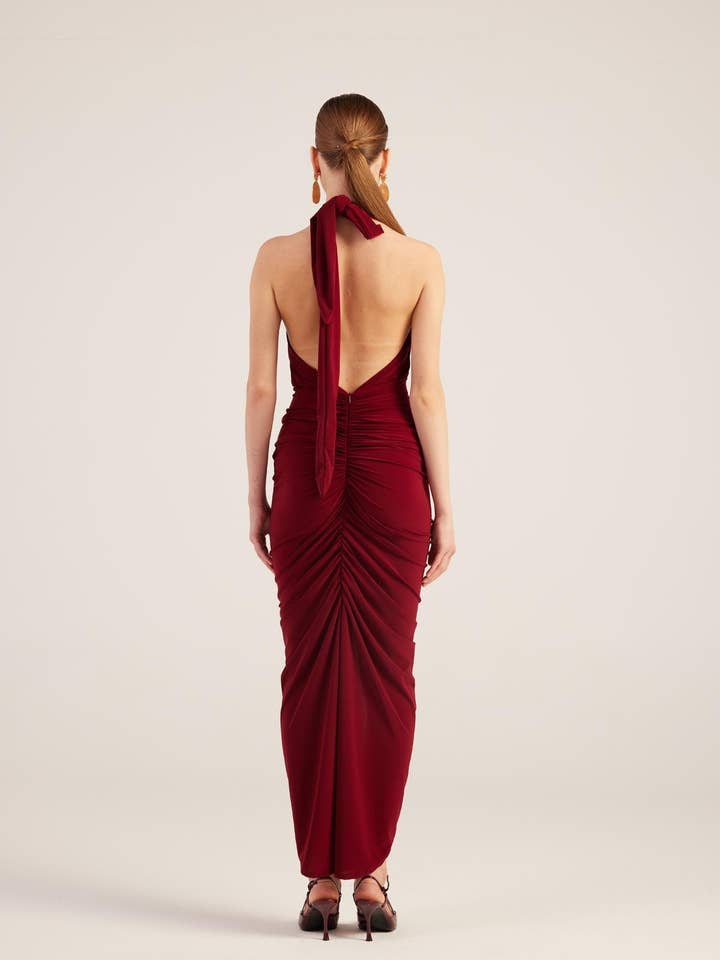 Buy Me Fur – wholesale Klänning - Dam – Marie Burgundy Rygglös Slits Maxi Klänning