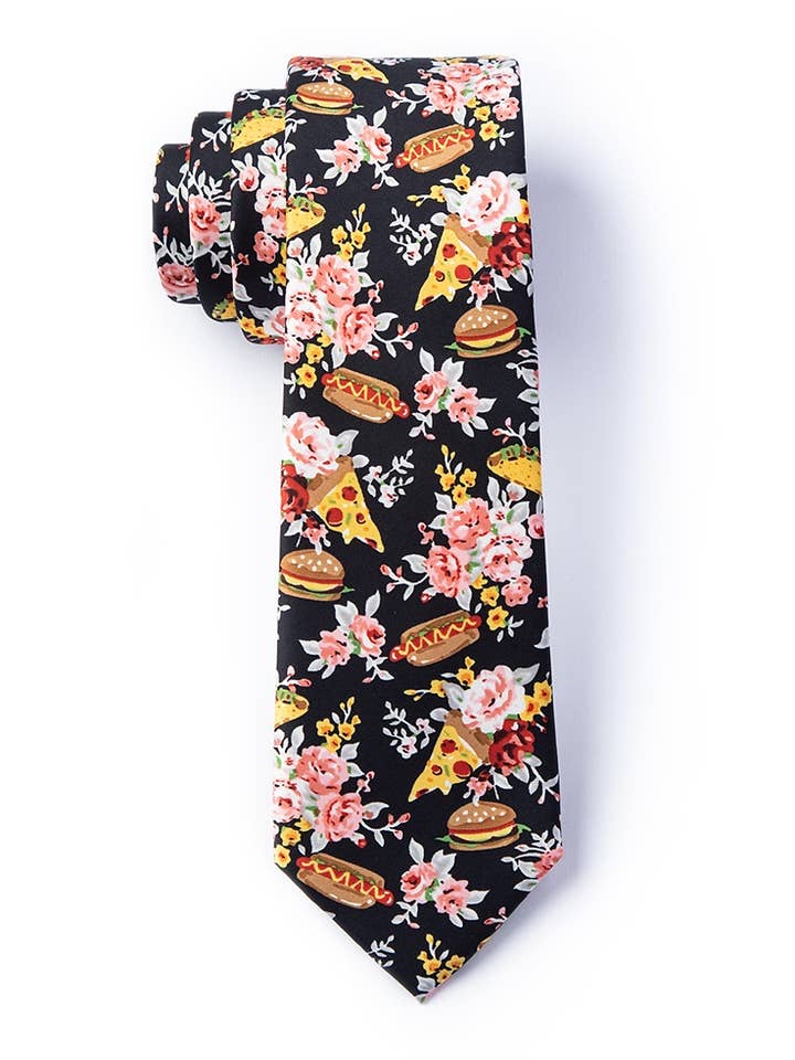 Fast Food Floral Skinny Tie by Wild Ties - Black Microfiber for wholesale by Wild Ties