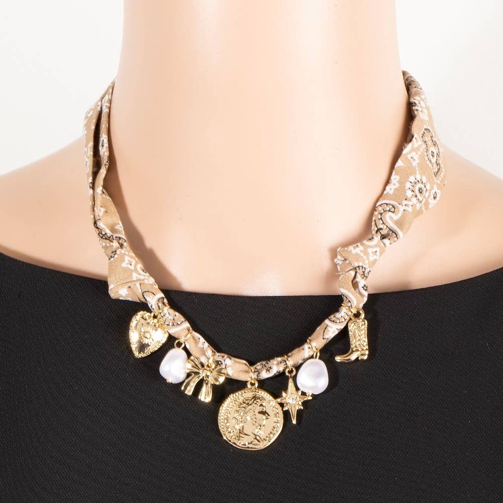 The Looks by Fame Accessories - Wholesale Pendant/Charm Necklace - Bow Pearl And Coin Charms Bandana Necklace3