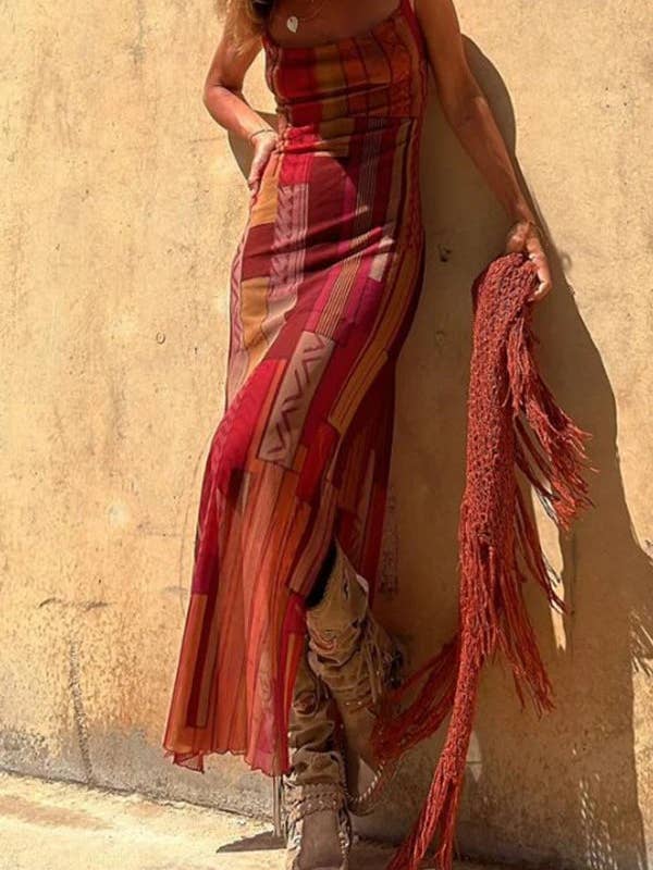 Abito lungo con stampa tribale boho per la vendita all'ingrosso da parte di Fashion Combination