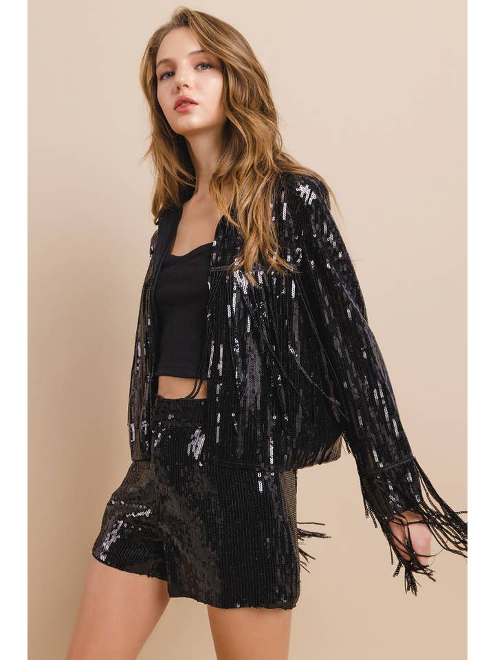 Nylon Apparel - Wholesale Jacket – Women's - 18106D-Western Sequin Collar Fringed Long Sleeves Jacket5