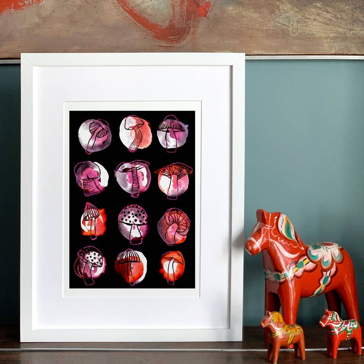 Mushroom Art Print - Pink Red and Black for wholesale by Drawn Together Art Collective