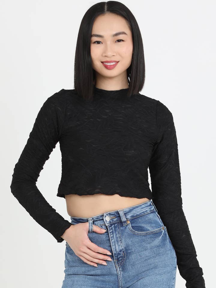 X2DW2-ASIS TEXTURED KNIT MOCK NECK LONG SLEEVE CROP TOP for wholesale by ANGIE