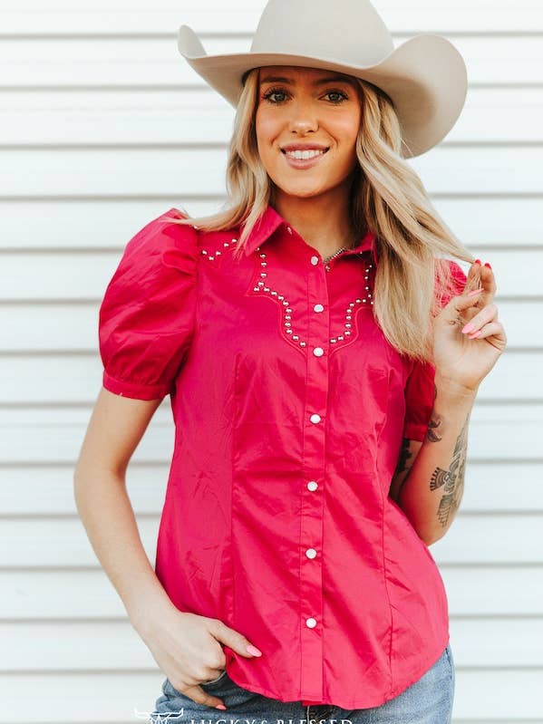 Rosa Puff Kurzarmhemd mit Nieten und Knopfleiste für den Großhandel von LUCKY & BLESSED