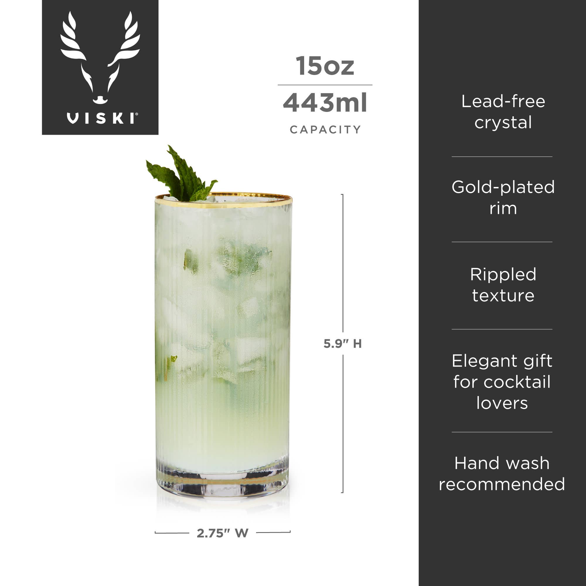 Viski - Wholesale Cocktail/Liquor Glass - Deco Meridian Gold Rimmed Crystal Highball Glasses Set of 26