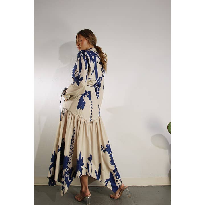 BLUE MULTI PRINT UNEVEN BELTED LONG DRESS for wholesale on Faire8