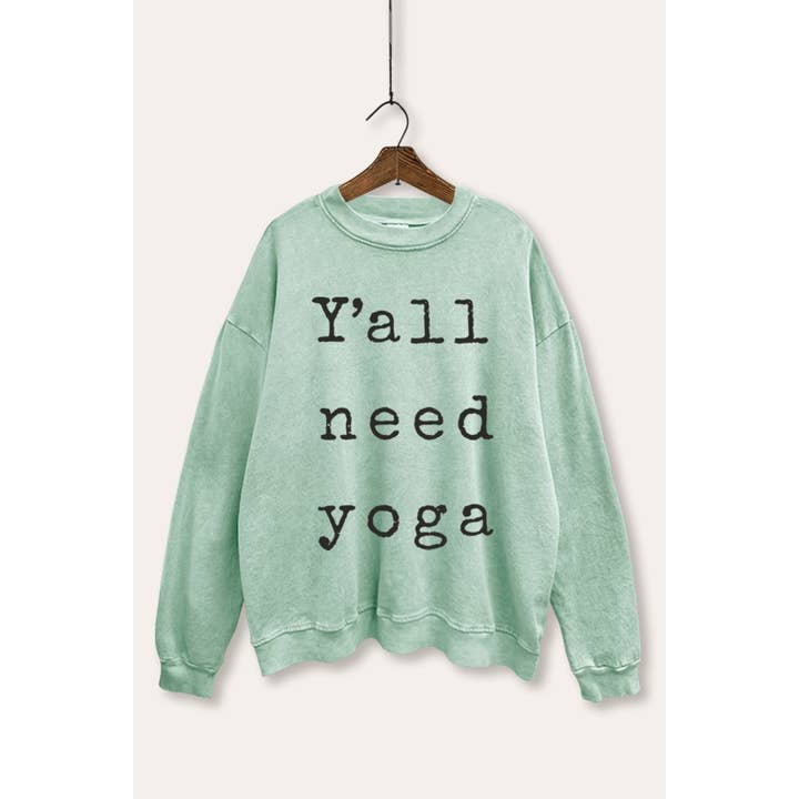 Y'ALL NEED YOGA GRAPHIC MINERAL WASH SWEATSHIRT for wholesale by VINTAGE POINT USA