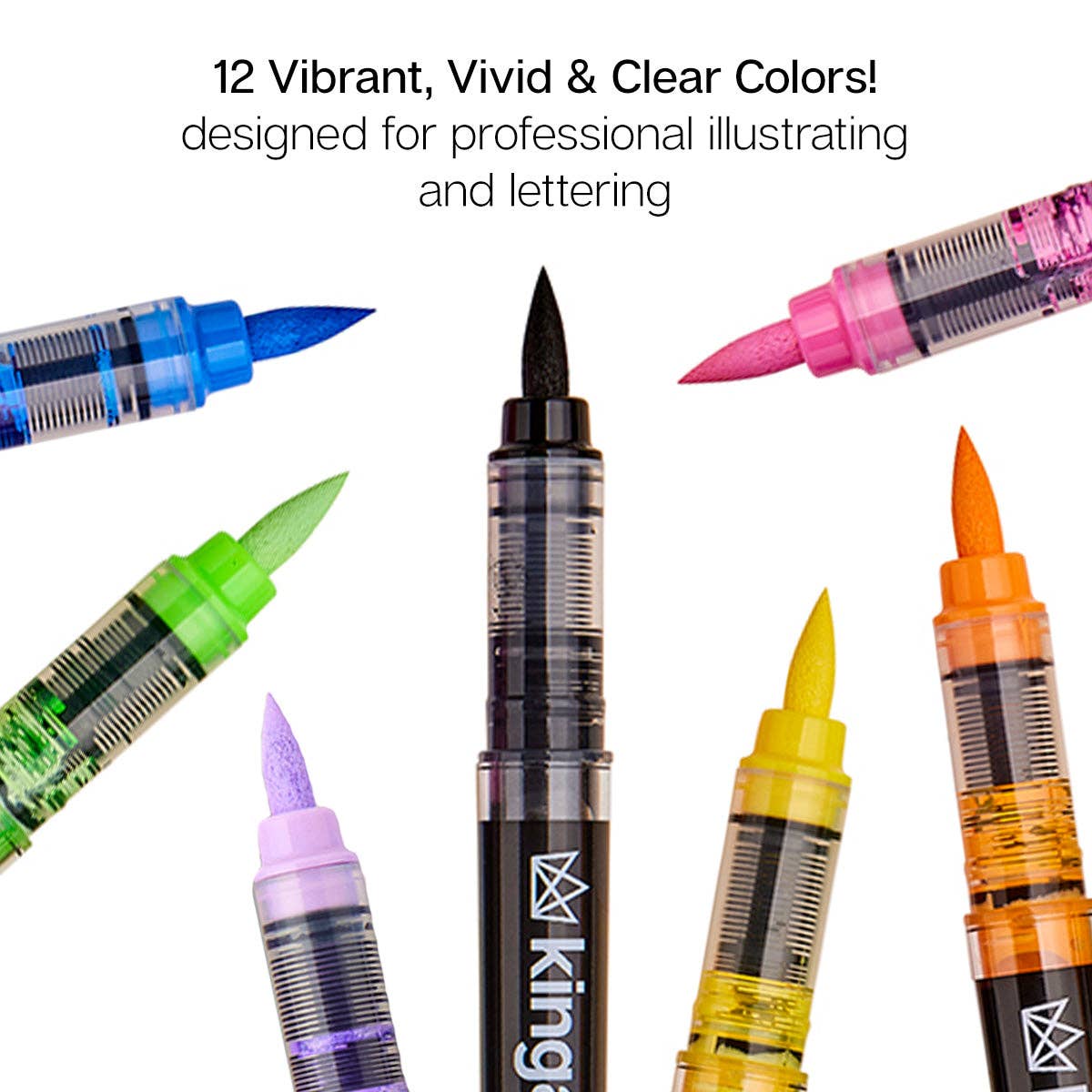 KINGART - Wholesale Marker - Acrylic Paint Brush Tip Pens - 12 Classic Colors6