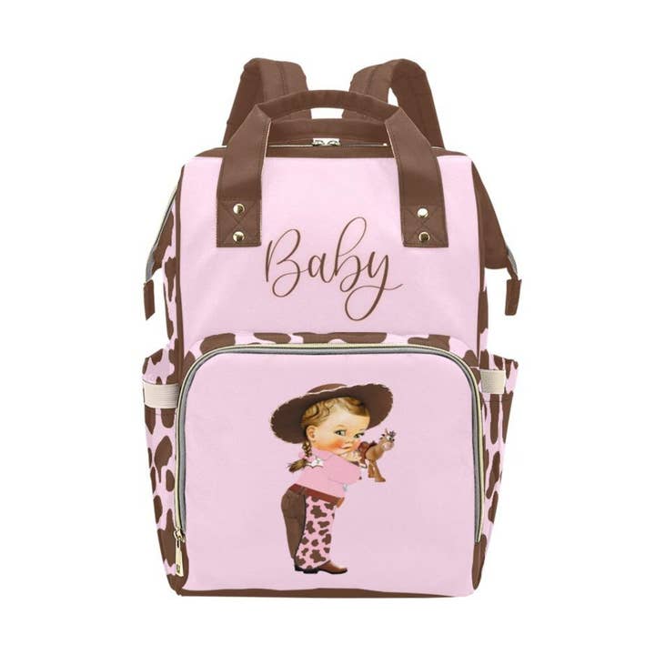 Designer Diaper Bags - Cute Cowgirl With Brown Cow Print On Soft Pink Waterproof Diaper Bag for wholesale by TJtoddles.com