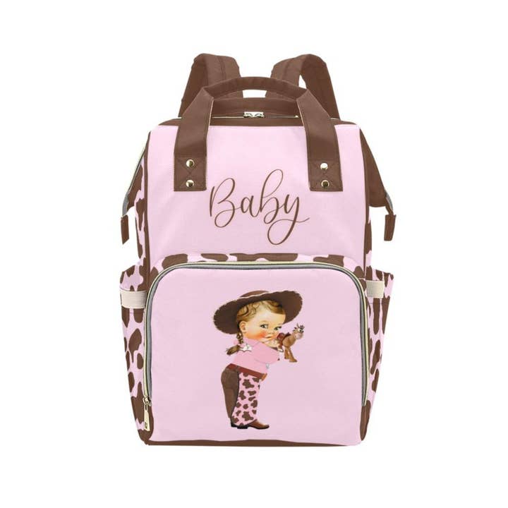 TJtoddles.com - Wholesale Diaper Bag - Baby - Designer Diaper Bags - Cute Cowgirl With Brown Cow Print On Soft Pink Waterproof Diaper Bag