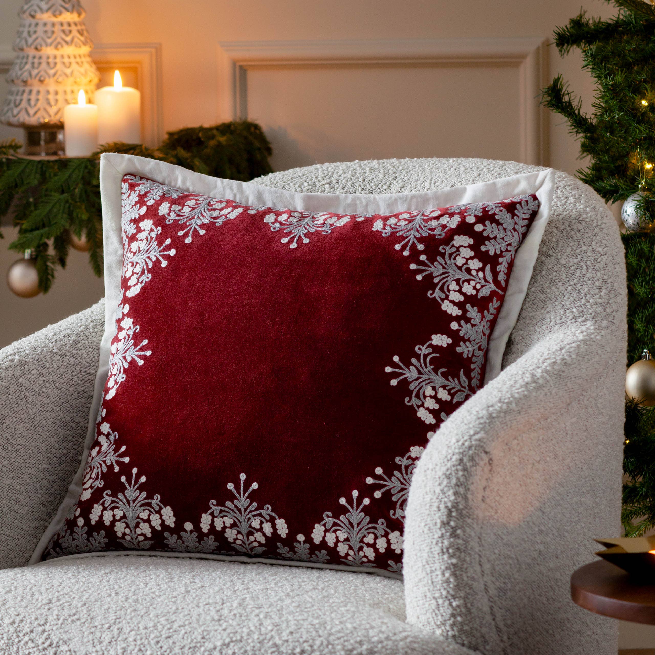 Winter Bloom Embroidered Cushion Red for wholesale on Faire0