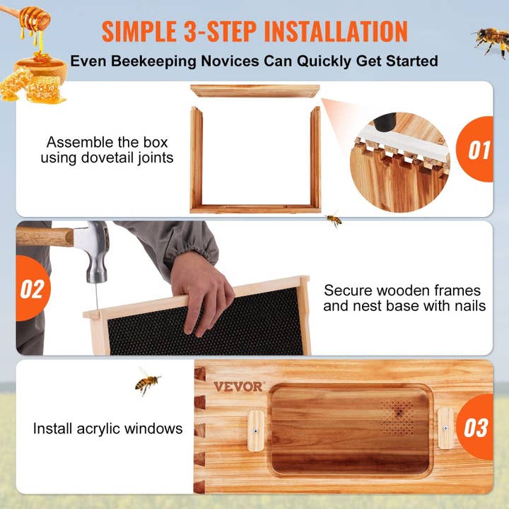 Hard Rock Health Stores - Wholesale DIY Craft Kit - Bee Hive 40 Frame Bee Hives Starter Kit, Beeswax Coated Cedar Wood, 2 Deep + 2 Medium Bee Boxes Langstroth Beehive Kit, Transparent Acrylic Windows with Foundations for Beginners Pro Beekeepers4