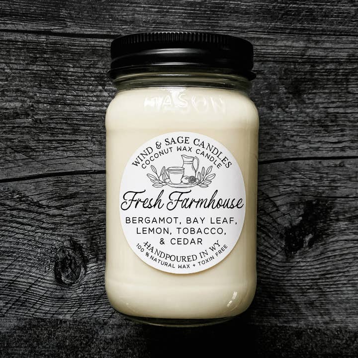 Fresh Farmhouse Mason Jar Candle, 100% Natural Wax for wholesale by Wind & Sage
