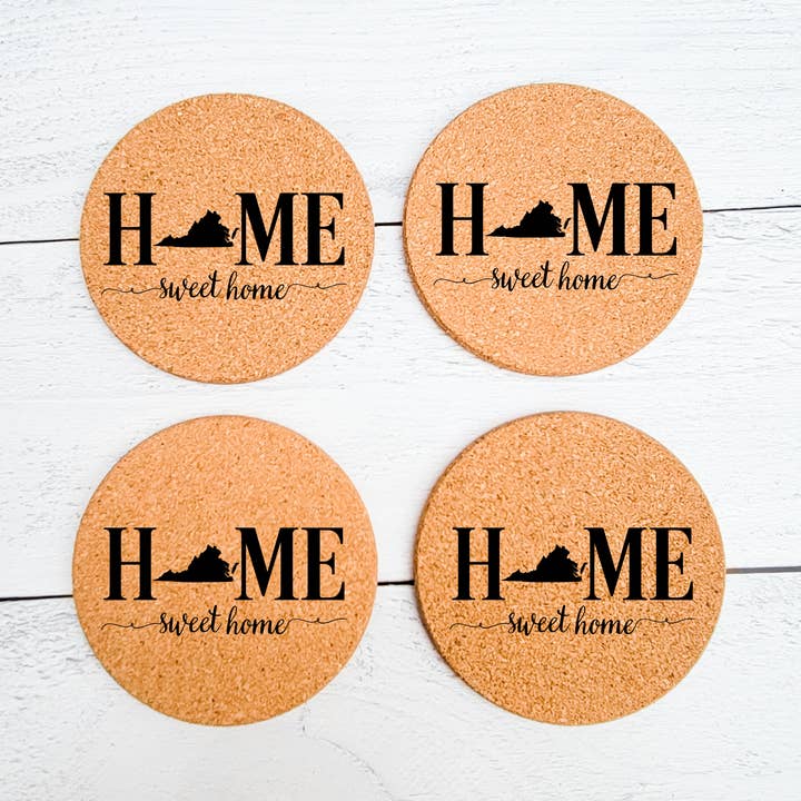 Home Sweet Home Cork Coasters Set of 4 - Choose your state for wholesale by The Purple Chickadee