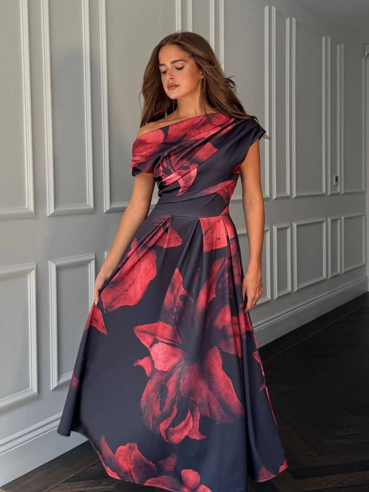 Betty Asymmetric Neckline Skater Midi Black Floral for wholesale by Girl In Mind