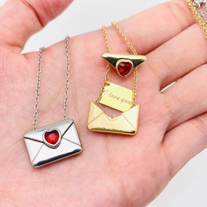 "I Love You" Heart-shaped Cubic Zirconia Envelope Necklace for wholesale by Mio Queena